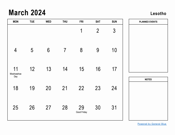 March 2024 Printable Monthly Calendar with Lesotho Holidays