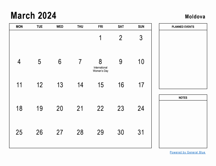 March 2024 Printable Monthly Calendar with Moldova Holidays