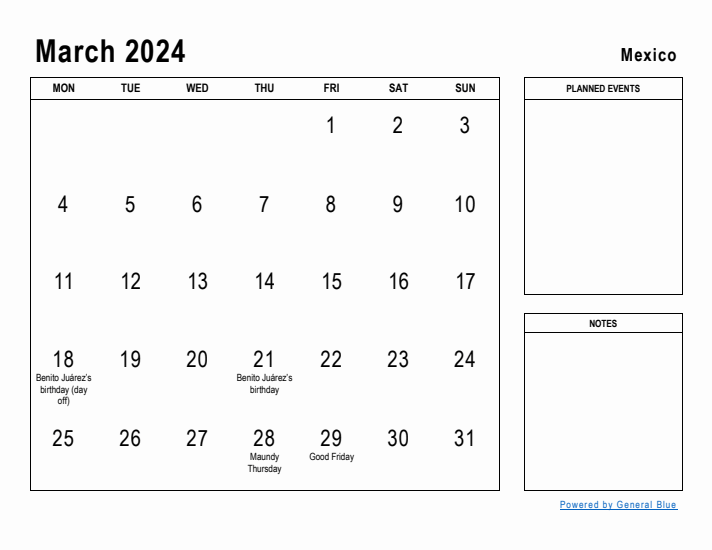 March 2024 Printable Monthly Calendar with Mexico Holidays