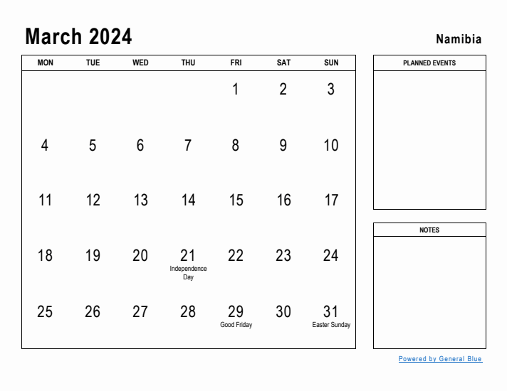 March 2024 Printable Monthly Calendar with Namibia Holidays