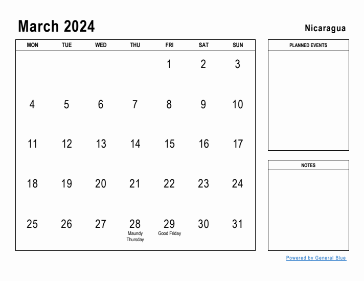 March 2024 Printable Monthly Calendar with Nicaragua Holidays