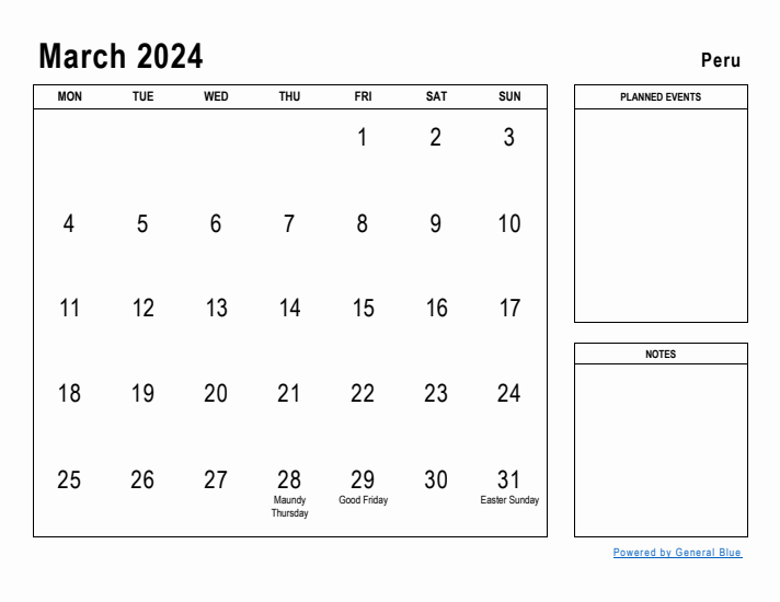 March 2024 Printable Monthly Calendar with Peru Holidays