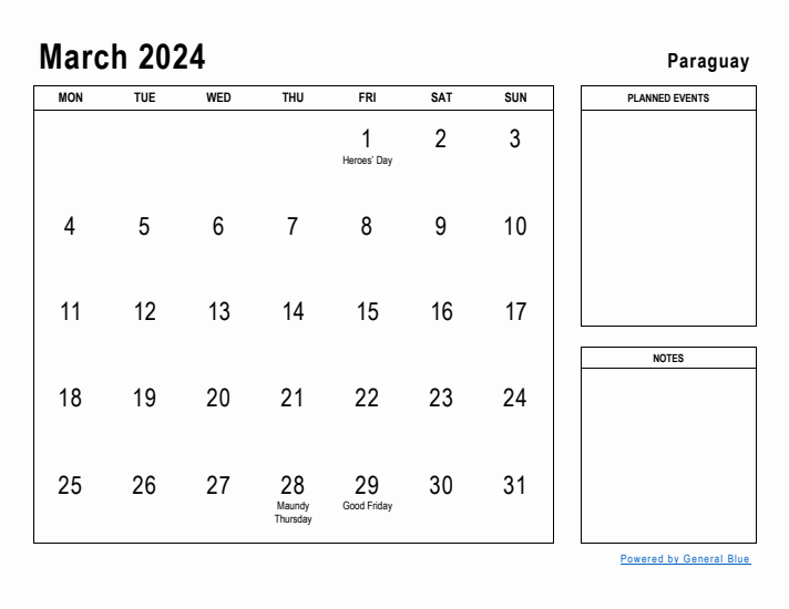 March 2024 Printable Monthly Calendar with Paraguay Holidays