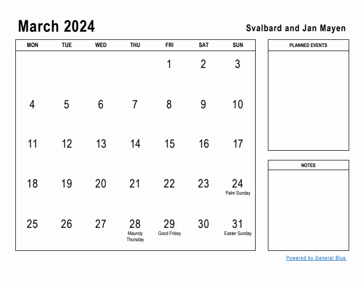 March 2024 Printable Monthly Calendar with Svalbard and Jan Mayen Holidays