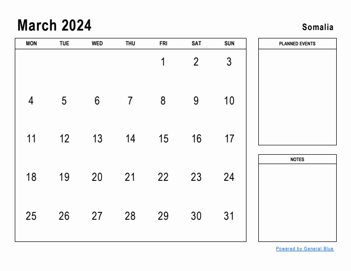 March 2024 Printable Monthly Calendar with Somalia Holidays