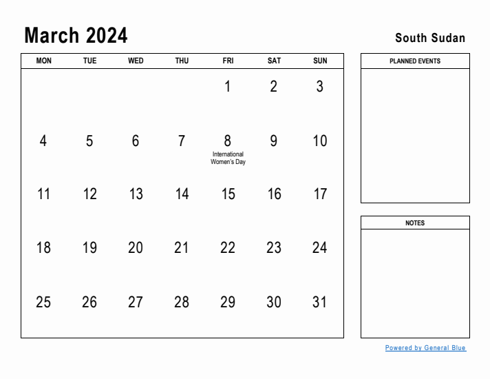 March 2024 Printable Monthly Calendar with South Sudan Holidays