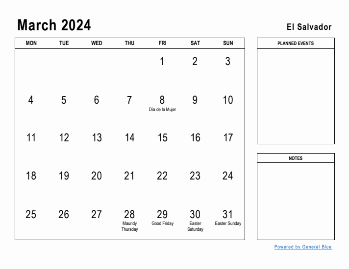 March 2024 Printable Monthly Calendar with El Salvador Holidays