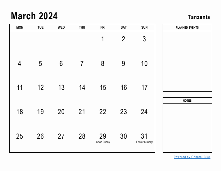 March 2024 Printable Monthly Calendar with Tanzania Holidays