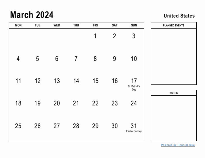 March 2024 Printable Monthly Calendar with United States Holidays