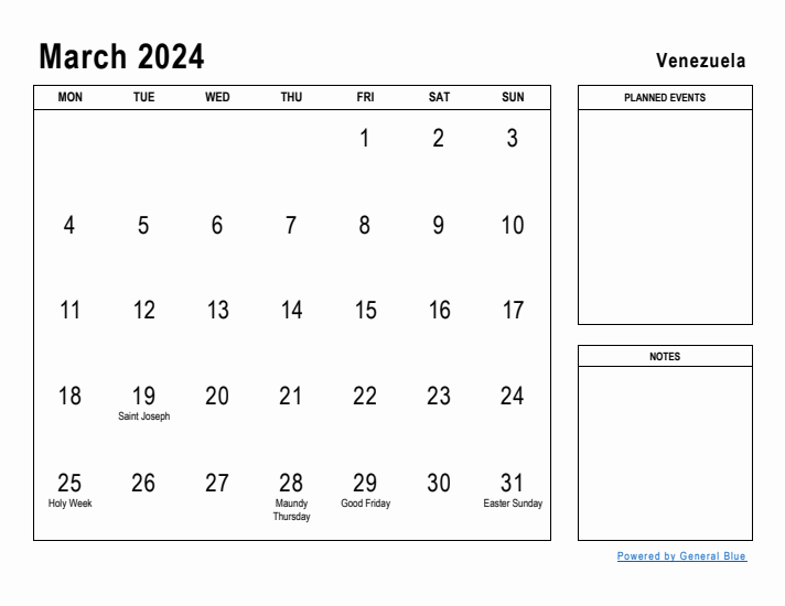 March 2024 Printable Monthly Calendar with Venezuela Holidays