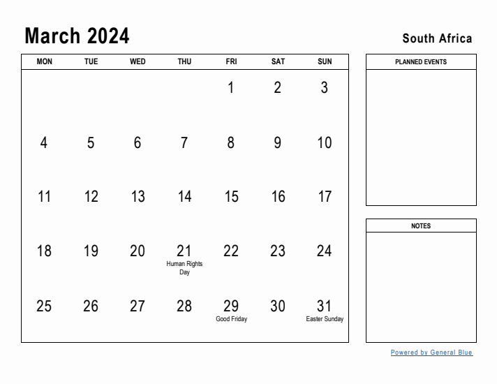 March 2024 Printable Monthly Calendar with South Africa Holidays