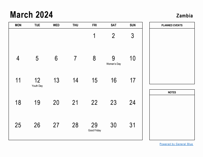 March 2024 Printable Monthly Calendar with Zambia Holidays