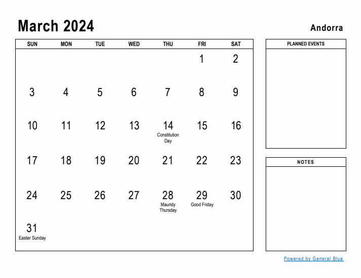 March 2024 Printable Monthly Calendar with Andorra Holidays