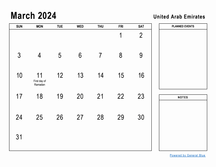 March 2024 Printable Monthly Calendar with United Arab Emirates Holidays