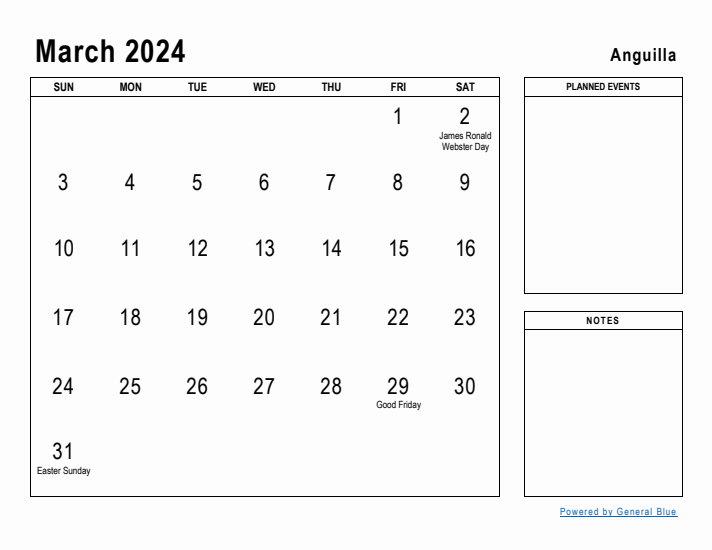 March 2024 Printable Monthly Calendar with Anguilla Holidays