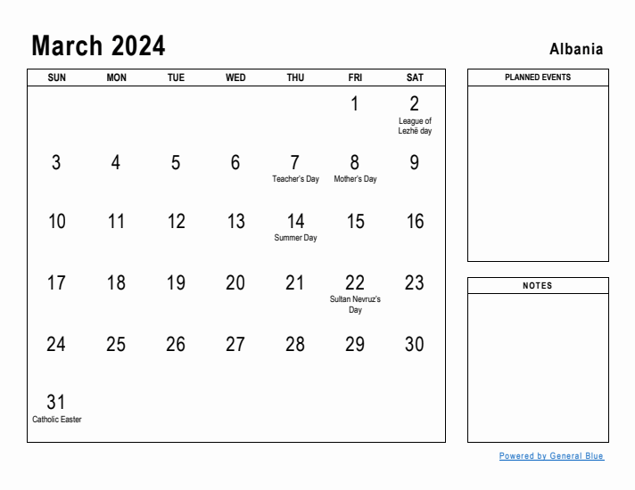 March 2024 Printable Monthly Calendar with Albania Holidays