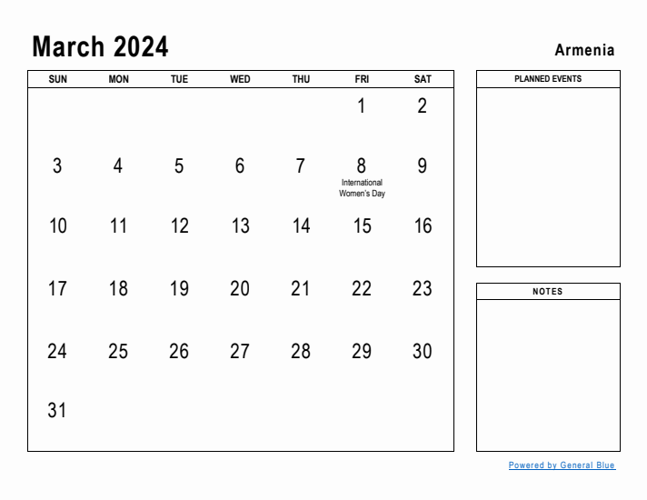 March 2024 Printable Monthly Calendar with Armenia Holidays