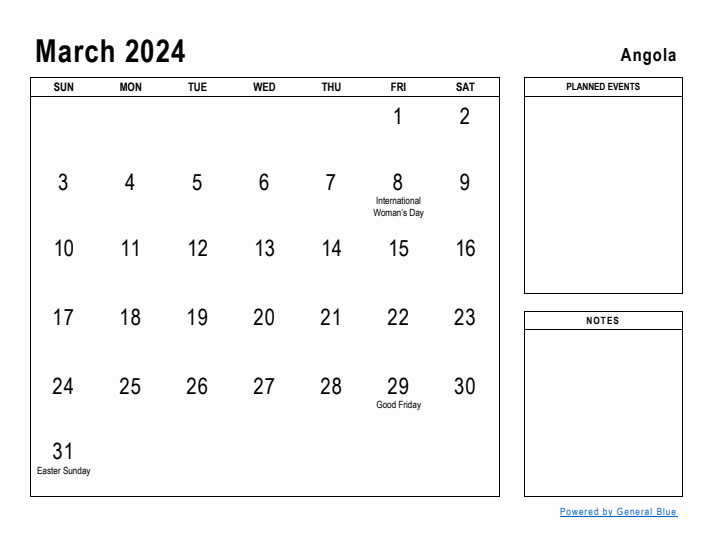 March 2024 Printable Monthly Calendar with Angola Holidays