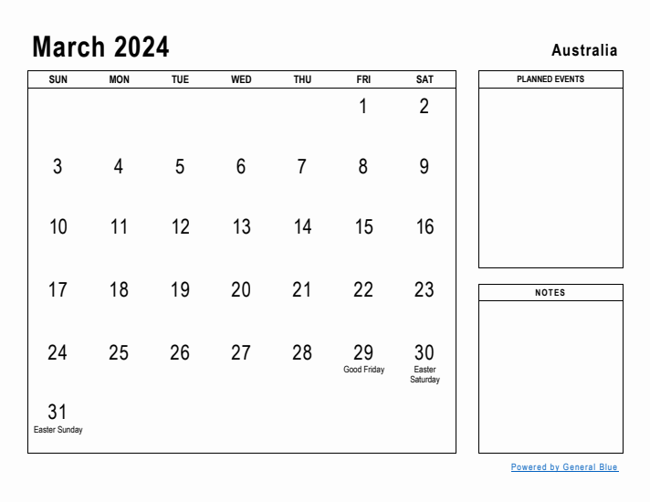 March 2024 Printable Monthly Calendar with Australia Holidays