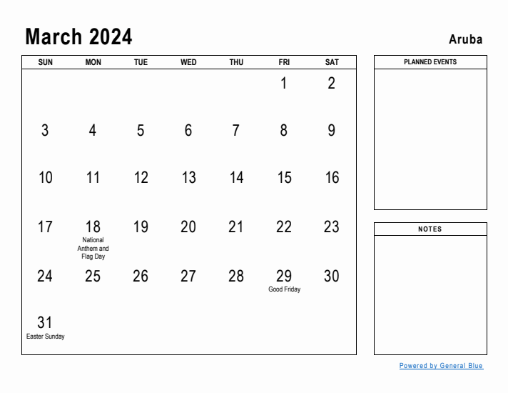 March 2024 Printable Monthly Calendar with Aruba Holidays