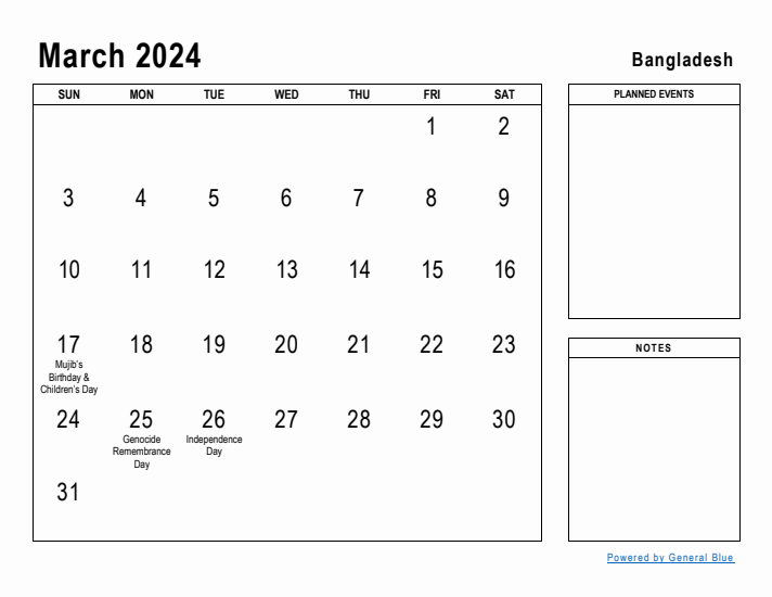 March 2024 Printable Monthly Calendar with Bangladesh Holidays