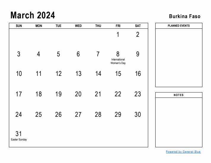 March 2024 Printable Monthly Calendar with Burkina Faso Holidays