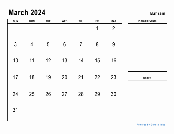 March 2024 Printable Monthly Calendar with Bahrain Holidays