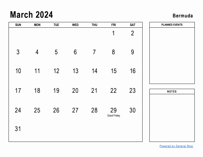 March 2024 Printable Monthly Calendar with Bermuda Holidays