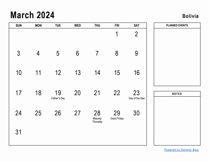 March 2024 Printable Monthly Calendar with Bolivia Holidays