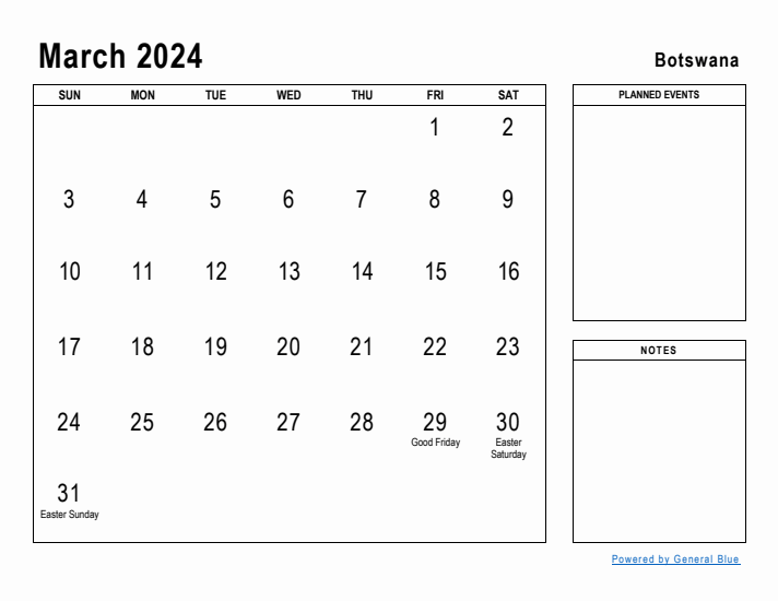 March 2024 Printable Monthly Calendar with Botswana Holidays