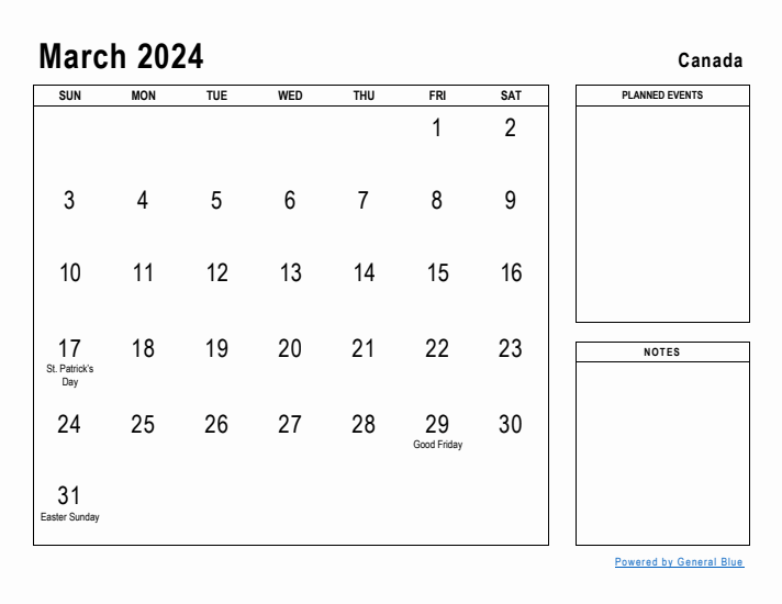 March 2024 Printable Monthly Calendar with Canada Holidays