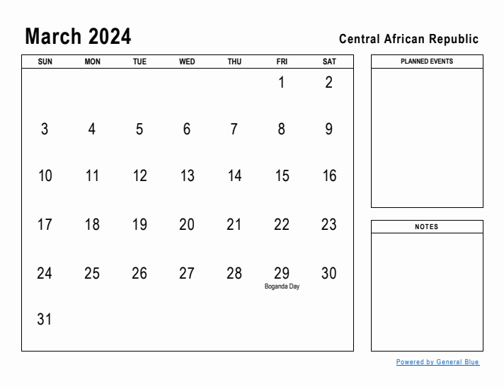 March 2024 Printable Monthly Calendar with Central African Republic Holidays