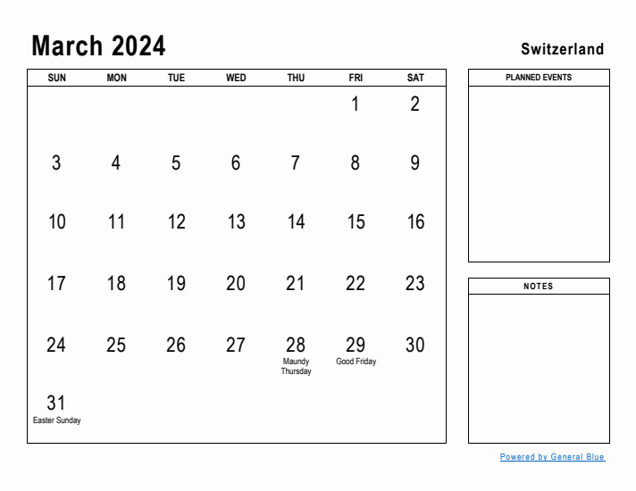 March 2024 Printable Monthly Calendar with Switzerland Holidays