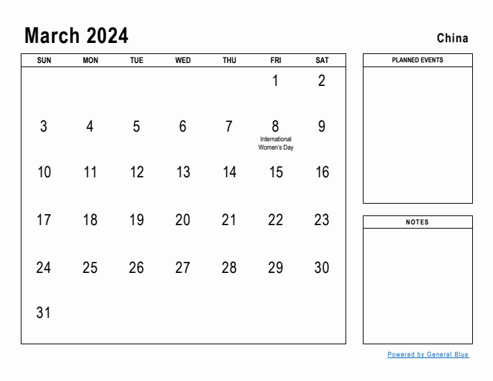 March 2024 Printable Monthly Calendar with China Holidays