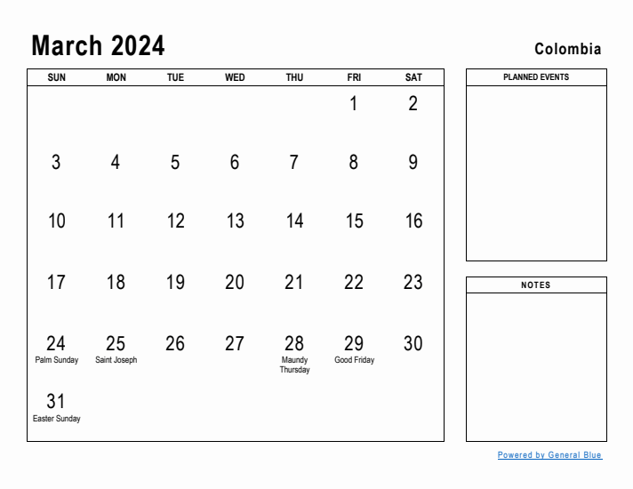 March 2024 Printable Monthly Calendar with Colombia Holidays