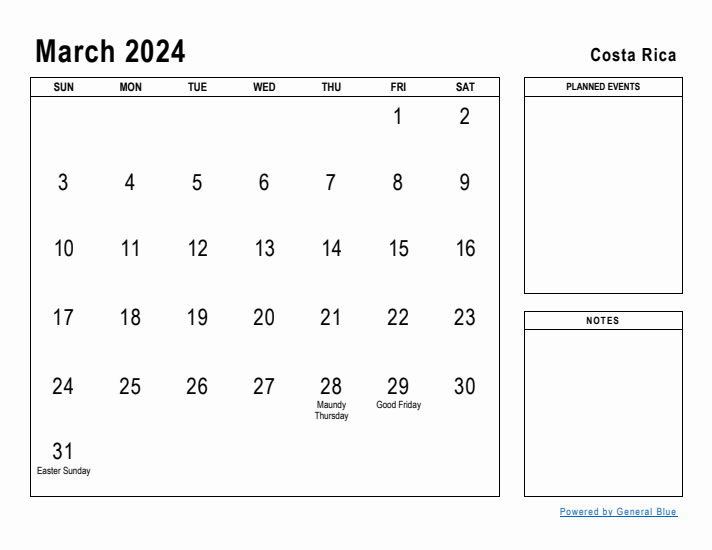 March 2024 Printable Monthly Calendar with Costa Rica Holidays