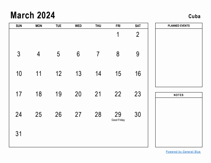 March 2024 Printable Monthly Calendar with Cuba Holidays