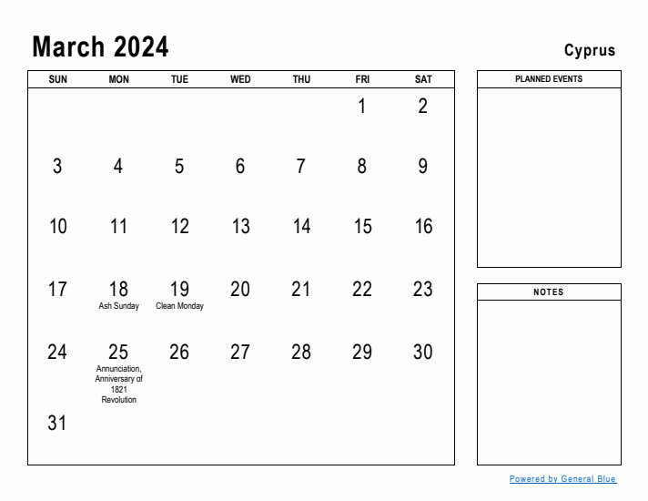 March 2024 Printable Monthly Calendar with Cyprus Holidays