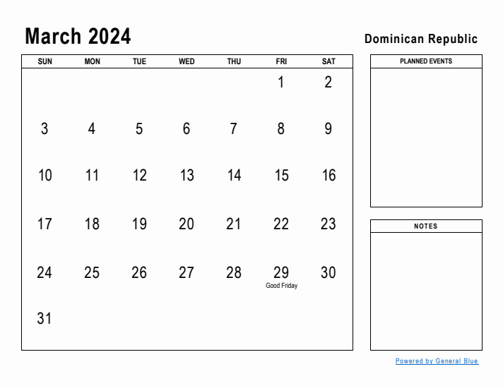 March 2024 Printable Monthly Calendar with Dominican Republic Holidays