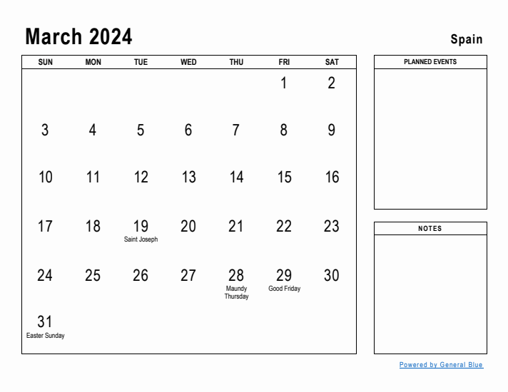 March 2024 Printable Monthly Calendar with Spain Holidays