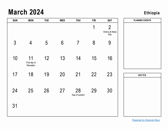 March 2024 Printable Monthly Calendar with Ethiopia Holidays