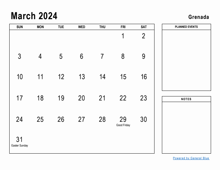 March 2024 Printable Monthly Calendar with Grenada Holidays