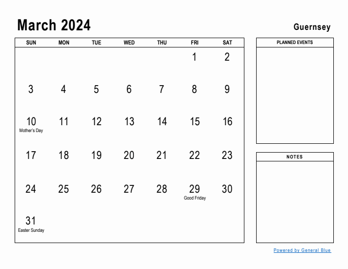 March 2024 Printable Monthly Calendar with Guernsey Holidays