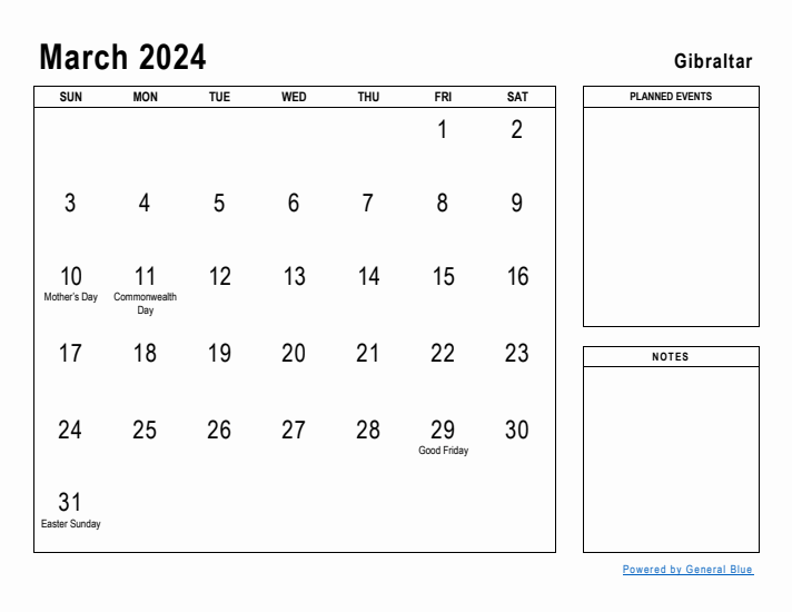 March 2024 Printable Monthly Calendar with Gibraltar Holidays