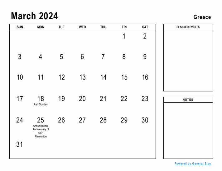 March 2024 Printable Monthly Calendar with Greece Holidays