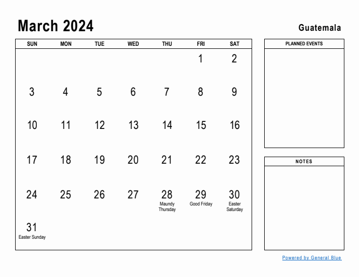 March 2024 Printable Monthly Calendar with Guatemala Holidays