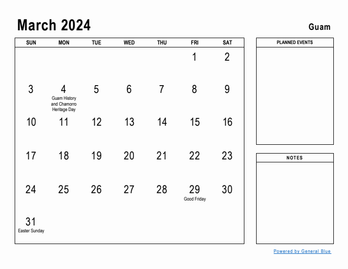 March 2024 Printable Monthly Calendar with Guam Holidays