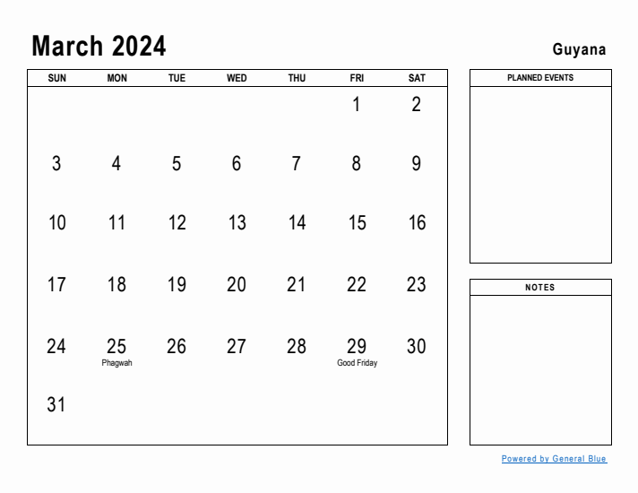 March 2024 Printable Monthly Calendar with Guyana Holidays