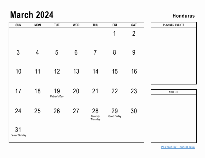 March 2024 Printable Monthly Calendar with Honduras Holidays