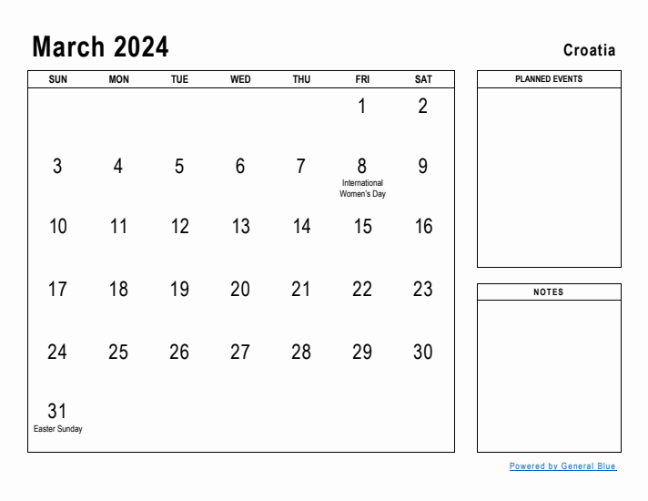 March 2024 Printable Monthly Calendar with Croatia Holidays